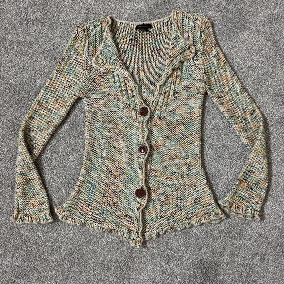 BCBGMAXAZRIA Cardigan Sweater Womens Large Multicolor Button Front Ruffle Hem - Picture 1 of 8